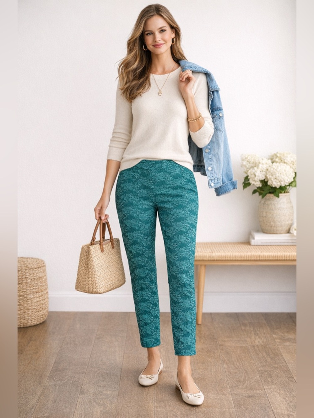 Draper James Lace Ankle Pants | Teal | Size Medium | Dressy Pull-On